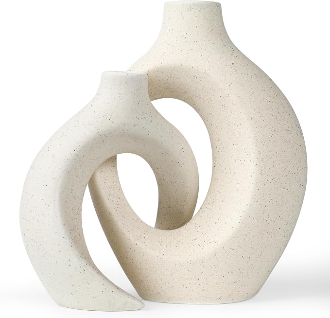 Set of 2 Elegant Donut Style Ceramic Vases – Boho Nordic Romantic Hugging Flower Decorative Vases for Pampas Grass, Bedroom, Living Room, Mantle, Book Shelf, Entryway Table 8.4 Inch Beige