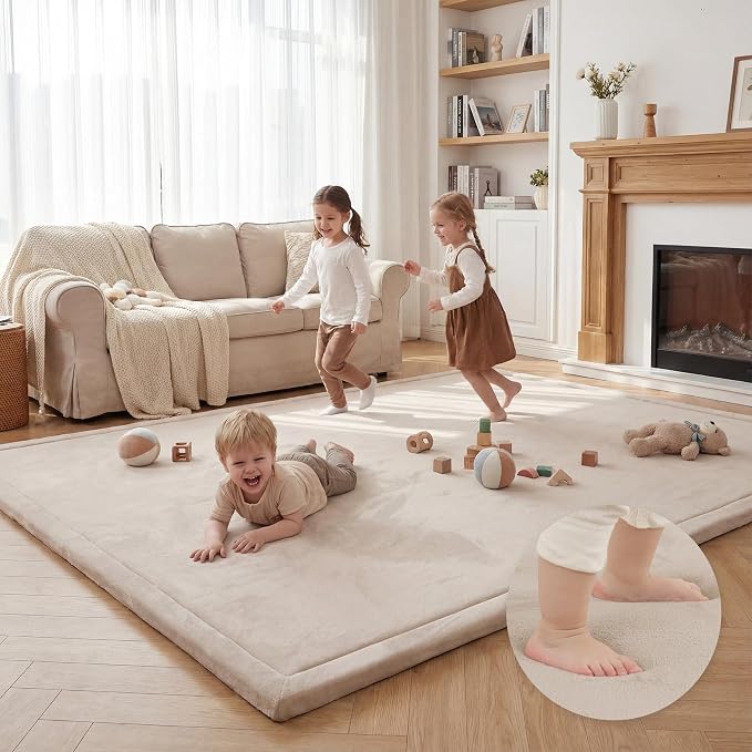 Large 79"x110" Baby Activity Play Mat for Floor,1.3" Thick Elasti Foam Cushion Mat for Tummy Time & Crawling,Non-Slip&Safe for Infants,Toddlers & Kids, for Living Room,Classroom & Playroom（Beige)