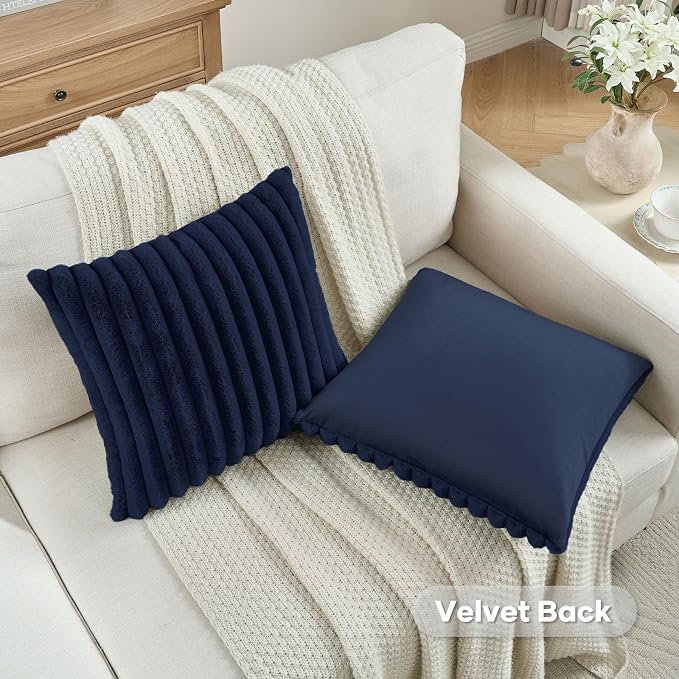 FUTEI Pack of 2 Faux Fur Throw Pillow Covers 22x22 Inch, Dark Navy | Fluffy Faux Rabbit Fur Front/Premium Velvet Back,Hidden Zipper,Machine Washable,Non-Shedding,Colorfast,Insert Not Included.