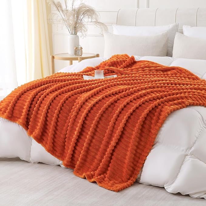 Orange Throw Blanket for Couch Sofa 60x80 inches Striped Design | Fleece Blankets Room Home Decor Lightweight Plush Soft Cozy Gifts for Women Mom
