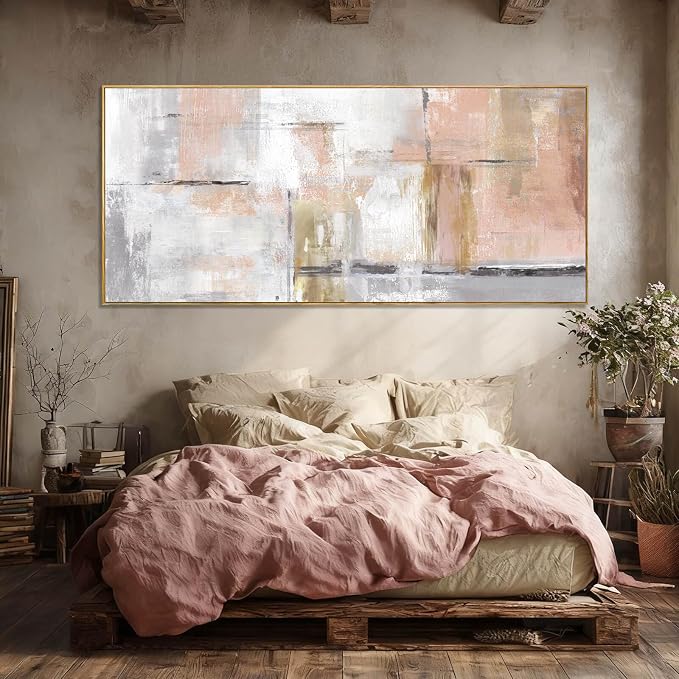 SOUGUAN Contemporary Home Wall Decor Pink and White Canvas Painting Abstract Wall Art 32"x70" Decorations for Bedroom Kitchen Artwork