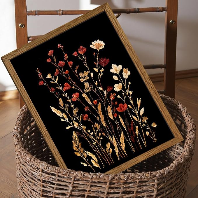 JLTULT Black Floral Wall Art, Vintage Wildflower Framed Canvas, 12 x 16 in | Black-background wildflower art on fade-resistant canvas with a ready-to-hang solid wood frame for bedrooms and bathrooms