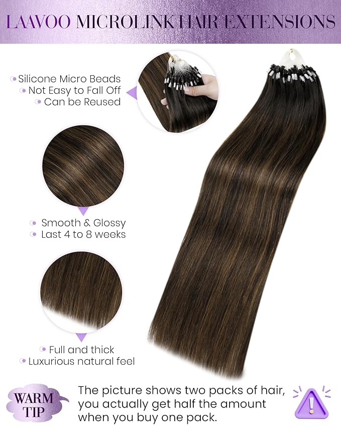 LaaVoo Microlink Hair Extensions Human Hair Darkest Brown Mix Light Brown Balayage Ombre Micro Hair Extensions Human Hair Brown 50g 50s 24 in