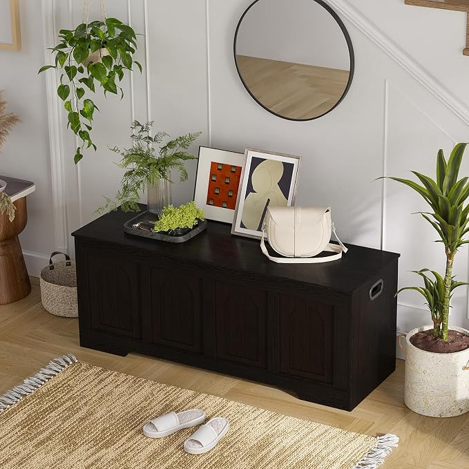 Storage Chest, Wooden Toy Box, Espresso 47.2" L | Entryway Shoe Bench, 2 Soft-close Hinges, Finger-safe Flip-Top Lid, Easy Assembly, Farmhouse Large Trunk, Living Room/Bedroom