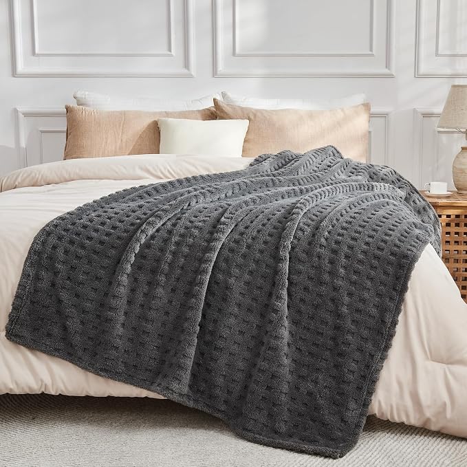 NEWCOSPLAY 3D Waffle Checkered Flannel Queen Blanket, Dark Grey, 90"x90" | Super Soft Cute Lightweight Decorative Premium Silky Fleece Blanket for Couch Sofa Bed, Gift for Women Men, All Season Use
