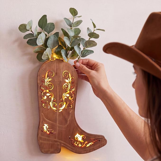 1 Pair/2 Pcs Western Wall Decor with Lights Wood Cowboy Boots Wall Planter for Indoor 12x10 Boots Hanging Vase for Faux Flower Rustic Modern Sconce for Living Room Bathroom Bedroom Office