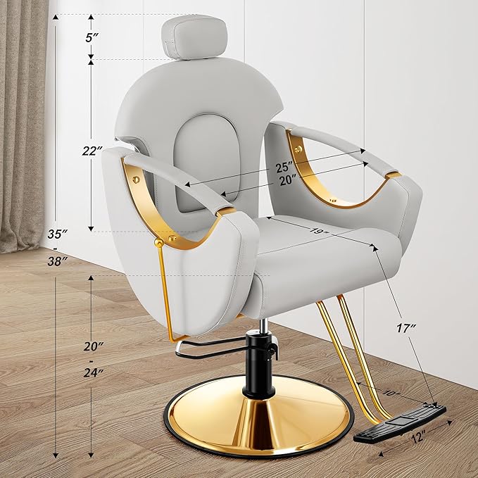Baasha Ergonomic Reclining Salon Chair with Adjustable & Removable Headrest, Gold & Gray Hydraulic Styling Chair, Soft PU Leather, 135° Recline, 360° Swivel, Heavy-Duty Steel Frame, 330 lbs Capacity