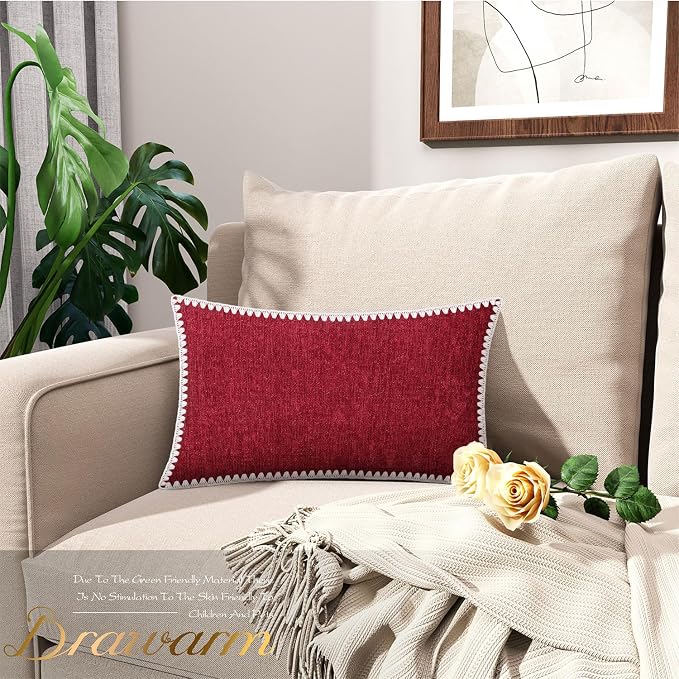 BRAWARM Chenille Throw Pillow Covers 12x20 Inches, Red, 2 Pack | Decorative Lumbar Pillow Covers with Shell Edge, Soft Cushion Cases for Sofa Bed Living Room Home Farmhouse (No Insert)