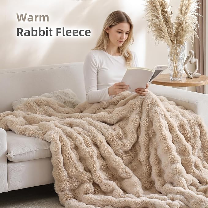 Faux Rabbit Fur Throw for Couch - Linen Bubble Blanket 60"x80" | Fluffy Plush Fuzzy Throw for Sofa & Bed, Super Soft Cozy Comfrt Blanket, Luxury Aesthetic Linen Decor Gift for Women