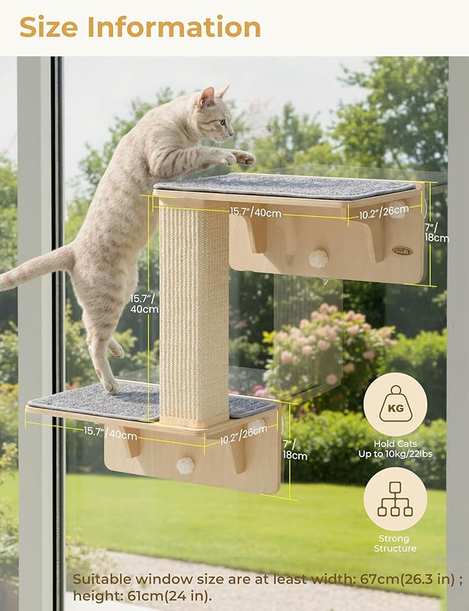 Pecute Double Cat Shelves with Scratching Post for Wall & Window | Solid Wood Frame, Strong Suction Cups, Washable Cover Mat, Cats Perch Bed for Birds Watching Inside, Indoor Cat Hammock Bed