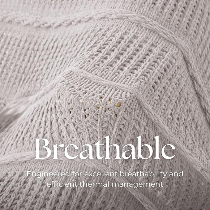 Boho Knitted Chenille Blanket with Tassels - Lightweight & Soft All-Season Throw - 3D Classic Pattern for Living Room Bedroom Couch, Ivory White, Throw 50"x60"