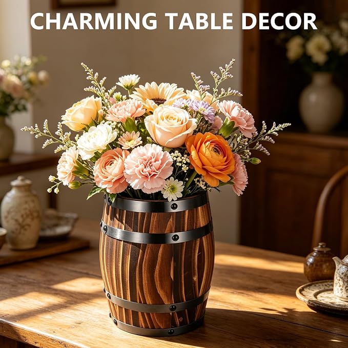 Wine Barrel Design Vase Rustic Flower Holder with Lid Kitchen Utensil Crock Wood Wine Barrel Vase Kitchen Counter Vintage Container Rustic Flower Planter Wooden Storage Container