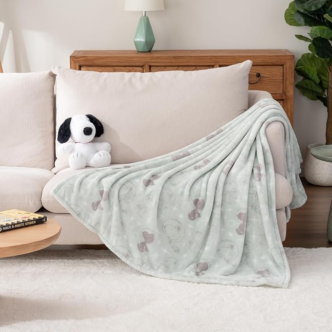 Berkshire Blanket Peanuts® VelvetLoft® Cute Character Snoopy Plush Oversized Kids Throw Blanket, Peanuts Snoopy Outta This World Seaglass (50in x 60in)