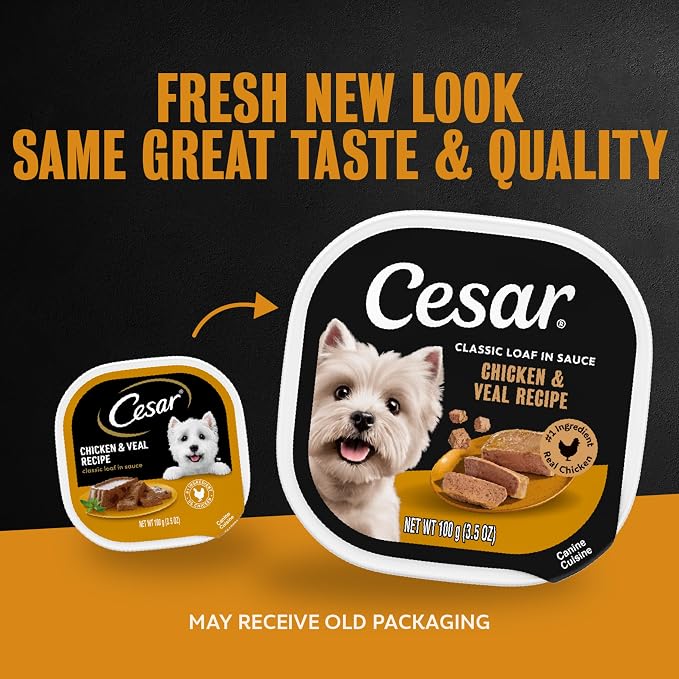 Cesar Classic Loaf in Sauce Wet Dog Food, Chicken & Veal, 3.5 oz, 24 Count | Made in USA, Real chicken #1 ingredient, no fillers/added sugar/artificial flavors, use as meal or topper, easy peel trays