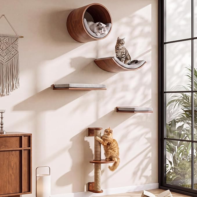 Tribesigns Solid Wood Cat Wall Shelves, 5 in 1 Cat Wall Furniture Set | Wood Cat Climbing Wall with Scratching Post, Bed, Stable and Safe, Wall Mounted Cat Tree, Space-Saving, Easy Assembly, Walnut