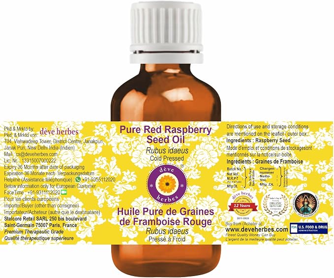 dève herbes Red Raspberry Seed Oil (Rubus idaeus) | Cold Pressed | Pure | Natural | for Diluting Essential Oils | for Hair, Skin & Massage | Non-Sticky| Lightweight| Unisex | 15ml (0.50 oz)