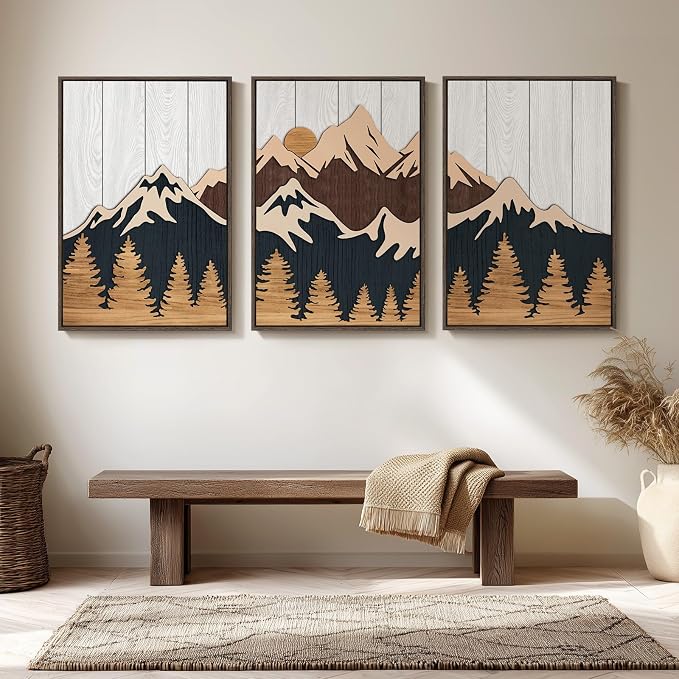 Framed Wood 3D Mountain Textured Wall Art for Living Room, Set of 3 Farmhouse Modern Wood Artwork for Walls, Large Mountain Forest Landscape Wall Art Decor for Home Office Bedroom Hallway, 20x30 Inch