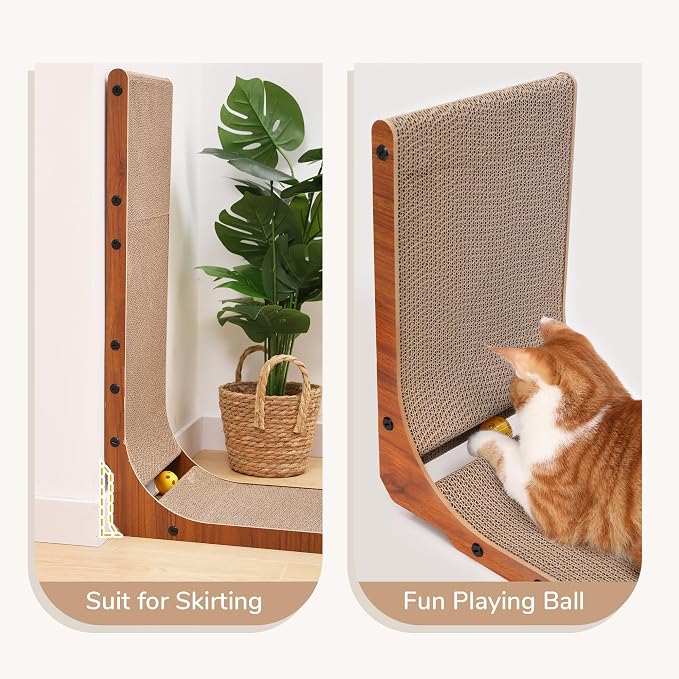 FUKUMARU Cat Scratcher for Indoor Cats, 26.8 Inch Cat Scratch Pad L Shaped | Cardboard Cat Scratcher, Vertical Cat Scratching Board with Ball Toy, Walnut Color, 1 Pack