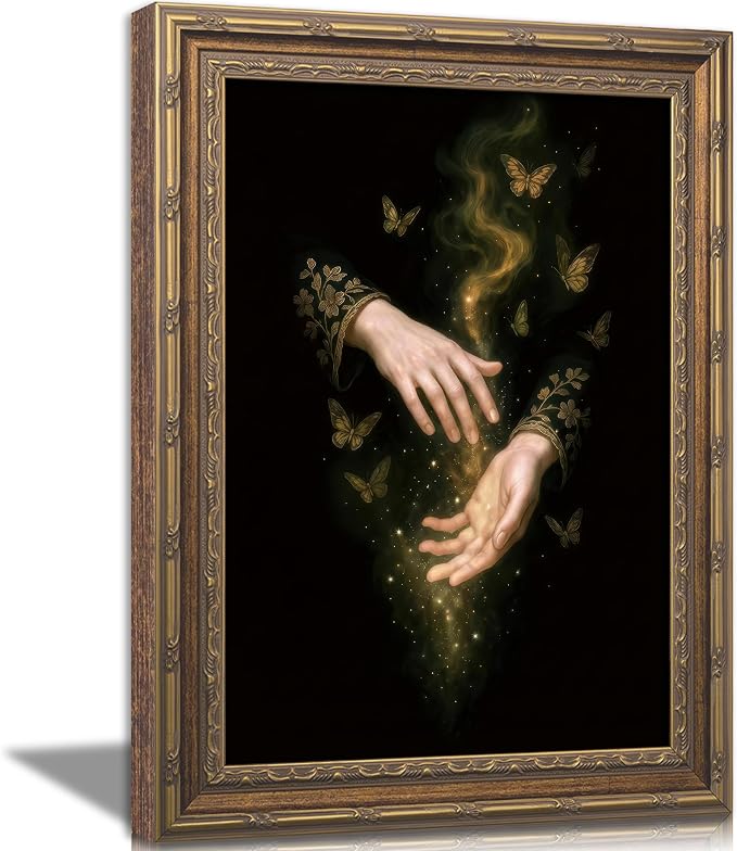 Vintage Gold Framed Canvas Wall Art Gothic Dark Academia Painting Picture Wall Decor Magic Hands Butterfly Poster Print Artwork for Living Room Bedroom Bathroom Office Home Decoration