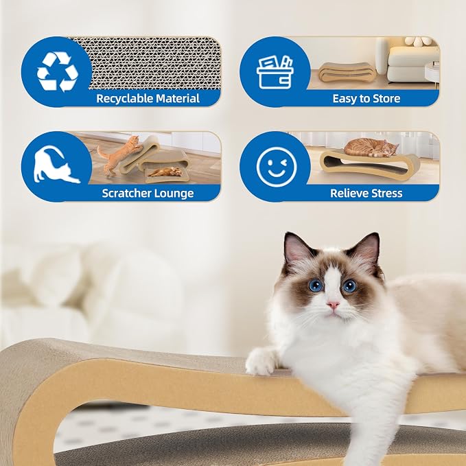 Simple Deluxe 3-in-1 Large Cardboard Cat Scratcher Lounger, 33.5" x 10.2" x 10.2" Infinity Shape Cat Scratching Board, Reversible Corrugated Scratch Pad for Multi-Cat Homes, 100% Recyclable, X-Large