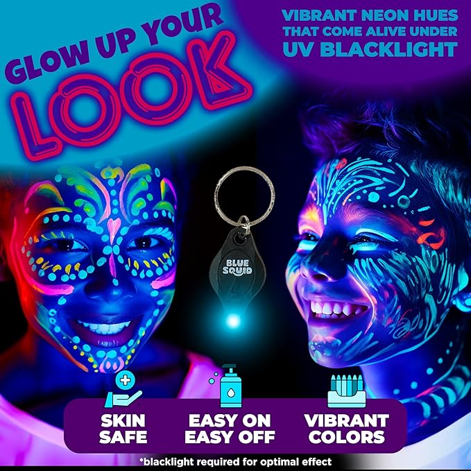 Blue Squid UV Neon Face and Body Paint Glow in the Dark Face Paint Kit 20 Colors Black Light with Stencils, Book - Safe for Sensitive Skin, Non-Toxic UV Painting Professional Accessories Kids Adults