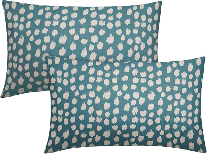 Aqua Cream Dots Lumbar Pillow Covers 12x20 Set of 2 Boho Design Polka Dot Print Throw Pillows Modern Outdoor Decorative Pillowcase Rectangle Linen Cushion Cases Decor for Sofa Couch Bed