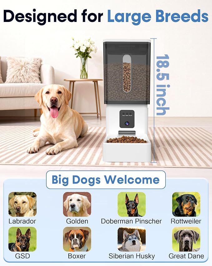 Automatic Dog Feeder Large Breed: 12L Big Capacity, HD 1080P Camera | 50 Cups/20-Day Food Capacity, 1 Mins Easy Setup & Use App, Anti-Jam 18mm Large Kibble