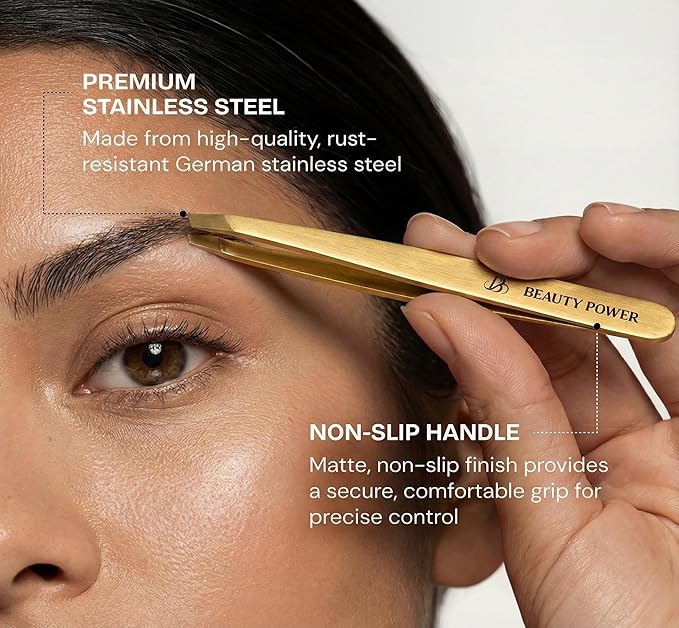 Ultra-Precision Professional Slant Tweezers for Women Facial Hair - German Stainless Steel, Lightweight Black Tweezers for Women & Men, Ideal for Eyebrow & Facial Grooming (Matte Gold)