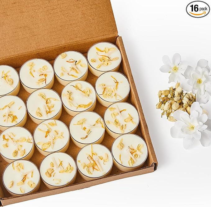 Ashlux 4-Hour Acrylic Jasmine Soy Wax Scented Tea Lights, 16 Pack Bulk | 4-Hour Long Burning, Non-Paraffin, Smokeless, Tealight Candles for Weddings, Table Centerpieces, Home Decor & Christmas