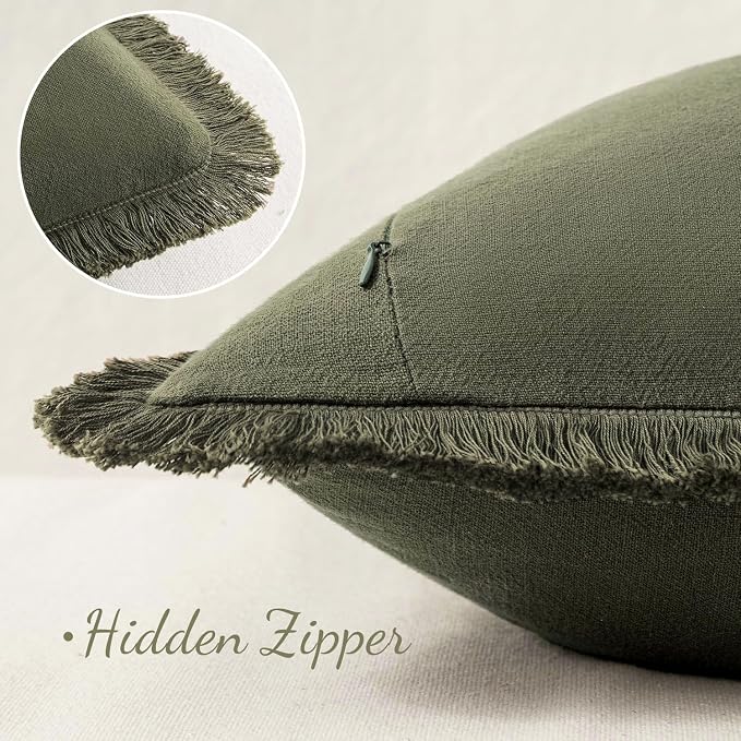 MIULEE Linen Fringe Decorative Euro Throw Pillow Covers Olive Green 28x28 | Set of 2, Cottagecore Decor, Boho Farmhouse Neutral Pillow Covers, Rustic Couch Cushion Cases for Sofa Bed Living Room
