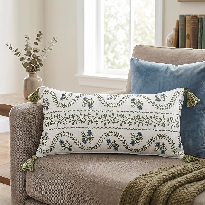 Designer Linen Throw Pillow Cover,Set of 2,28"x12"-Mosella D | Vintage Elegant Rectangle Decor Pillow Cover,Concealed Zipper Design,Floral Pattern,Sofa,Bedroom,Living Room,Lounge Chairs