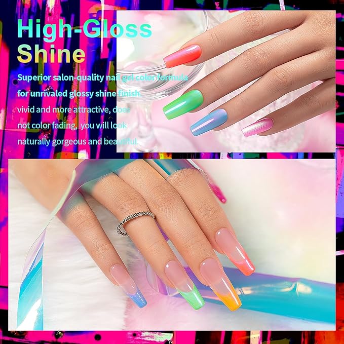 RARJSM Pearl Gel Nail Polish Set Neon Green Blue Yellow Orange Red Pink Rainbow 6 Bright Colors Iridescent Mermaid Shell Glitter Polish Shimmer Multichrome Swirl Thread Effect Curing Requires