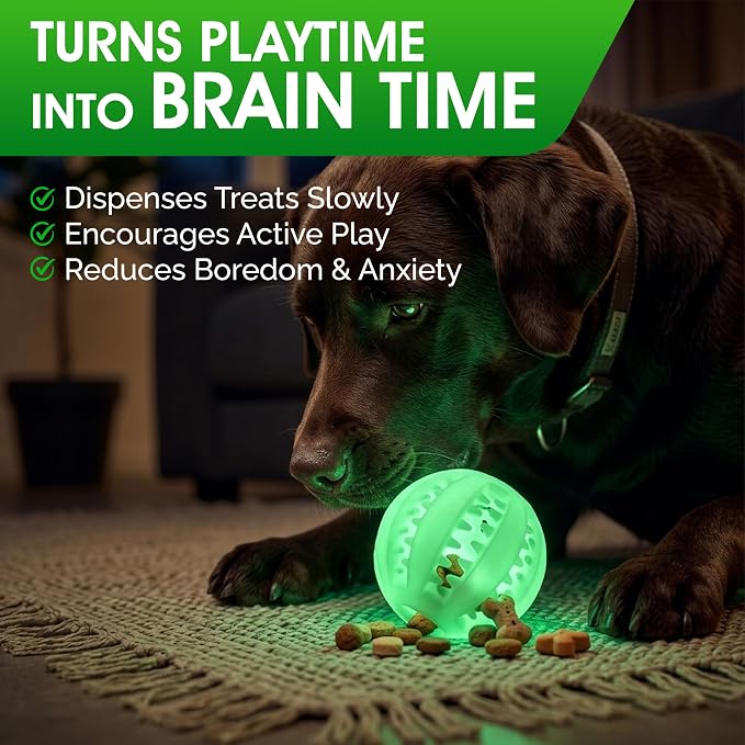 Glow in the Dark Treat Dispensing Dog Ball, Interactive Slow Feeder