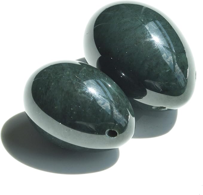 2-PCS Egg Set Made of Real Nephrite Jade for Beginners and Intermediate Users for Wellness Training, Drilled, Large & Medium 2-Size, by Polar Jade
