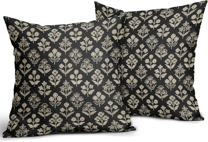 Black Floral Pillow Covers 24x24 Inch Set of 2, Vintage Flower Block Print Decorative Throw Pillowcases Outdoor Farmhouse Cushion Covers Spring Summer Rustic Decoration Sofa Couch Bed Decor