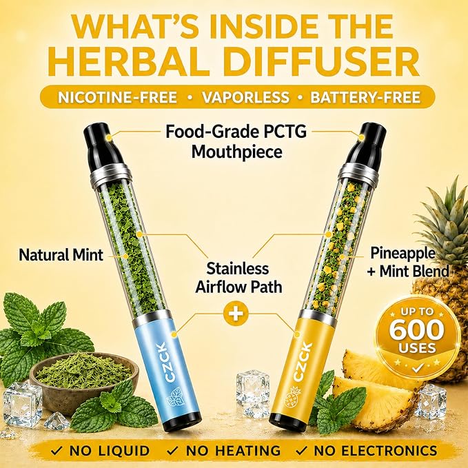 Herbal Diffuser Pen 2 Pack, Pineapple & Mint Personal Aroma Stick, Portable Scent Stick with PCTG Tip & 304 Stainless Steel Tube, Pocket Fresh Aroma Pen for Office, Travel, Gym & Daily Use