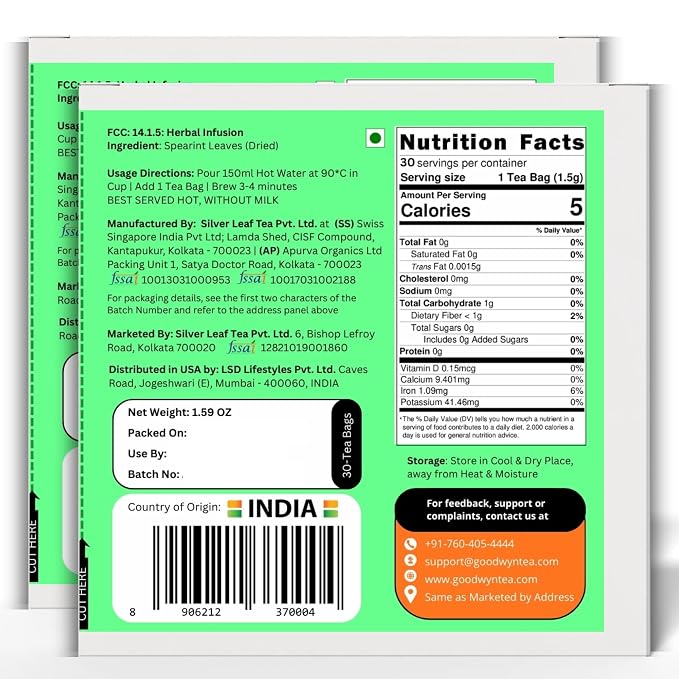 Goodwyn Spearmint Herbal Tea, 60 Tea Bags, Pure Spearmint Leaves, Caffeine Free, Plastic Free Bags, Refreshing Mint Infusion