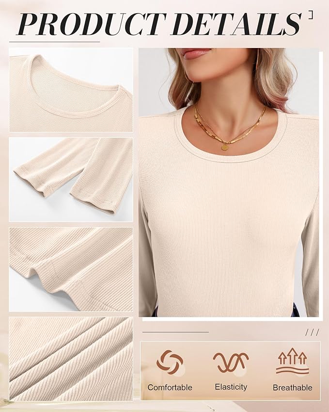 Ficerd 3 Pack Women's Ribbed Long Sleeve Tops, Crew Neck Slim Fit Undershirts Knit Basic Casual Stretch Layering Tee Shirts