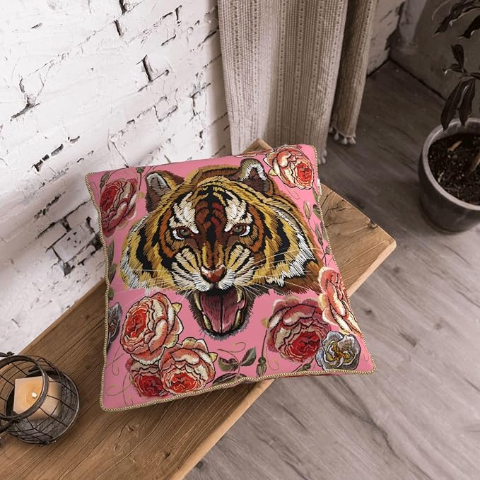 Tiger Floral Pink Velvet Pillow Covers 18x18 Inch Flower Animal Print Throw Pillows for Couch Farmhouse Cushion Covers Pillowcase Modern Pillow Cases for Sofa Bed Living Room Outdoor Decor