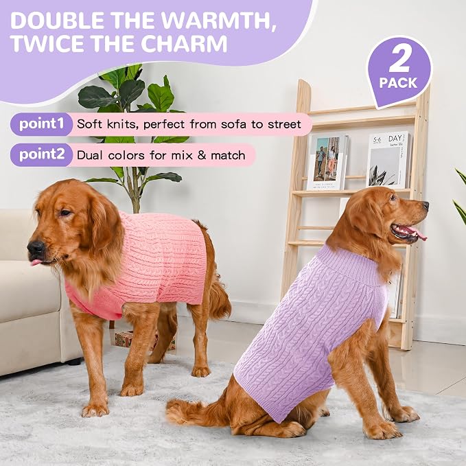 Dog Sweater 2 Pack for Large Dogs, Size XXL, Pink & Purple | Stretchy cable knit turtleneck, machine washable, high belly cut, comfy winter fit for Golden Retriever, Labrador
