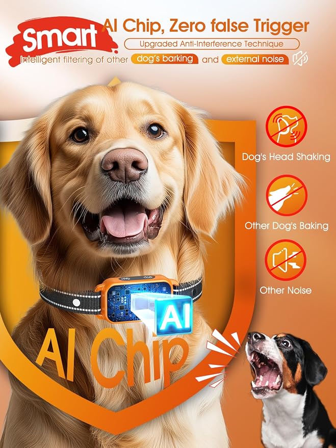 DINJOO Bark Collar for Large Medium Small Dogs - Smart AI 1S Stop Barking, Anti Barking Device & Dog Training Collar with Beep, Vibration & 8-Level Sensitivity, IP67 Waterproof - Pastel Orange