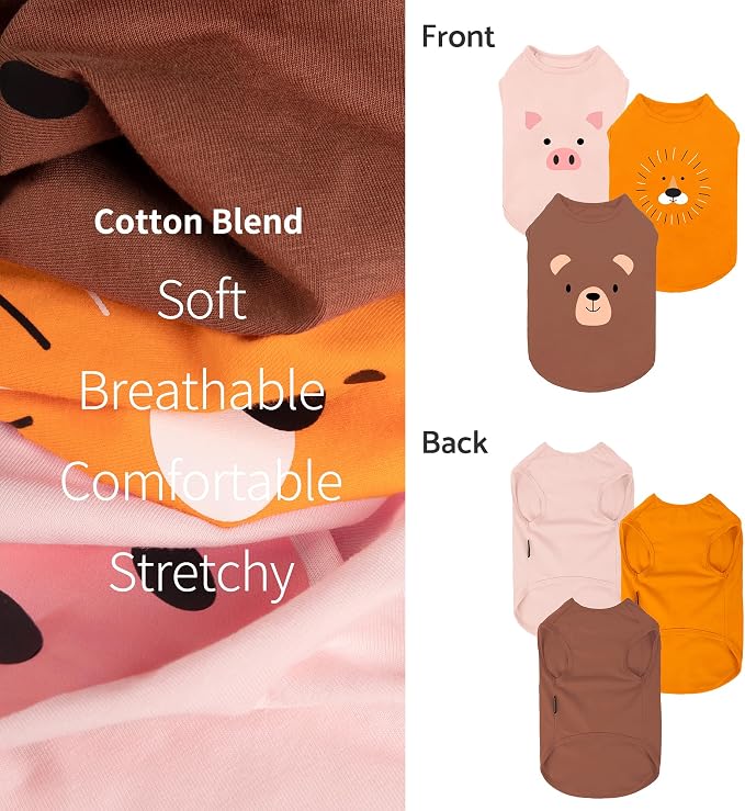 Fitwarm 3 Pack Bear Lion Pig Dog Shirt, Funny Dog Clothes for Small Dogs Boy Girls, Summer Pet Outfit, Cute Animal Costume, Brown, Pink, Blaze Orange, XS