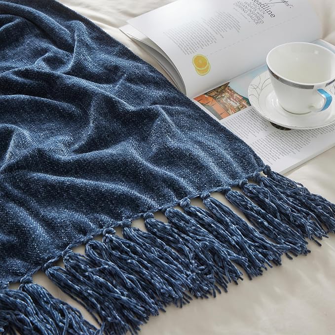 CozeCube Chenille Throw Blanket, Navy Blue Fringe Blanket, 60"X80" | For Couch, Cozy Plush Fuzzy Decorative Blanket with Fringe Tassels, Lightweight Throws for Bed Sofa Gift Home Decor