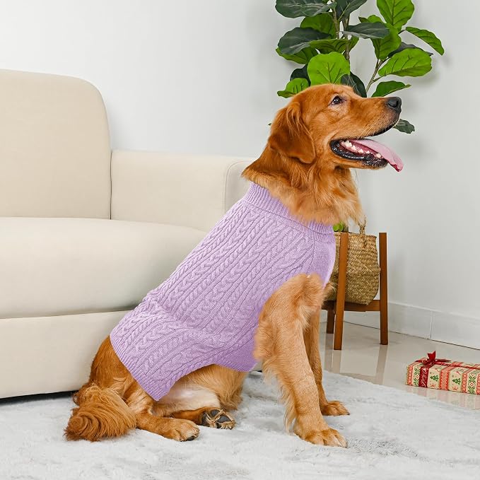 Dog Sweater 2 Pack for Large Dogs, Size XXL, Pink & Purple | Stretchy cable knit turtleneck, machine washable, high belly cut, comfy winter fit for Golden Retriever, Labrador