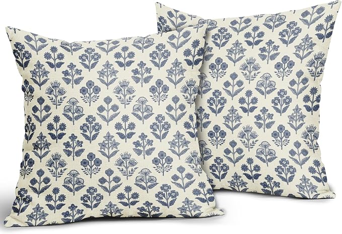 Dark Blue Floral Pillow Covers 18x18 Inch Set of 2, Vintage Flower Block Print Pattern Decorative Throw Pillowcases Outdoor Farmhouse Cushion Covers Spring Summer Rustic Sofa Couch Bed Decor