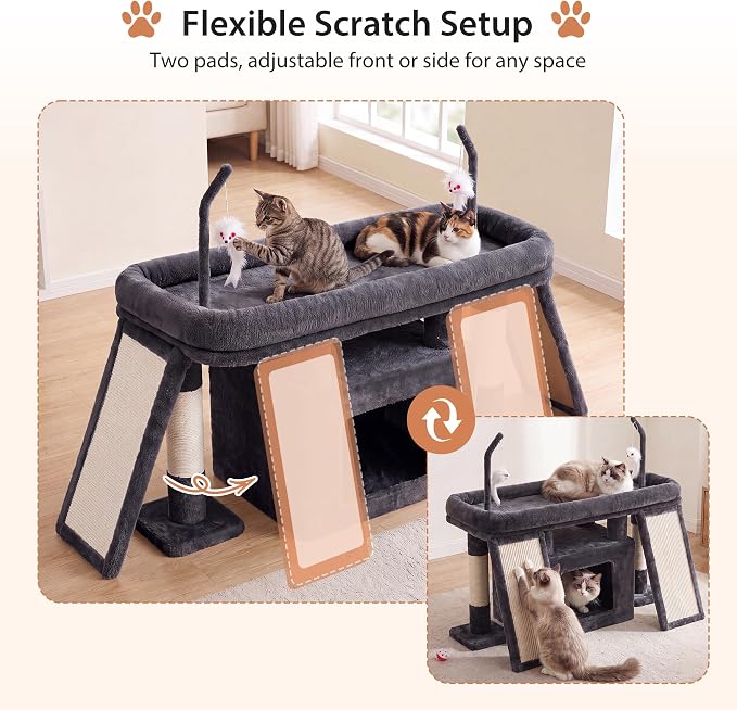 Heybly Cat Tree Extra-Long & Stable 2 Adjustable Scratch Boards HCT210SG | Easy-Climb Cat Tower with Dual-Leg Floor Condo, Sturdy Cat Furniture with Extra Wide Platform & Interactive Toys, Smoky Gray