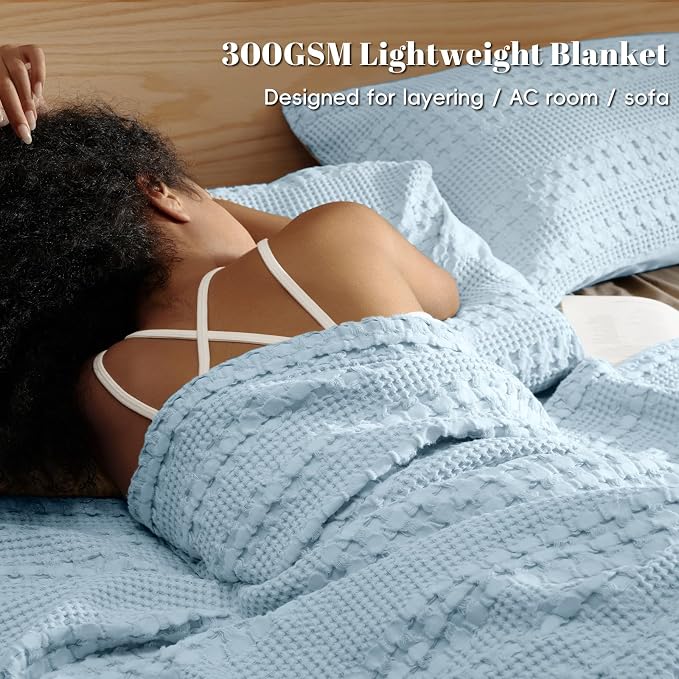PHF 100% Cotton Waffle Blanket Twin Size, Lightweight Breathable Summer Blanket for Hot Sleepers, Pre-Washed Soft Layer for Bed, Dorm, Couch & Guest Room, Home Decor Gift, 66"x90", Sky Blue
