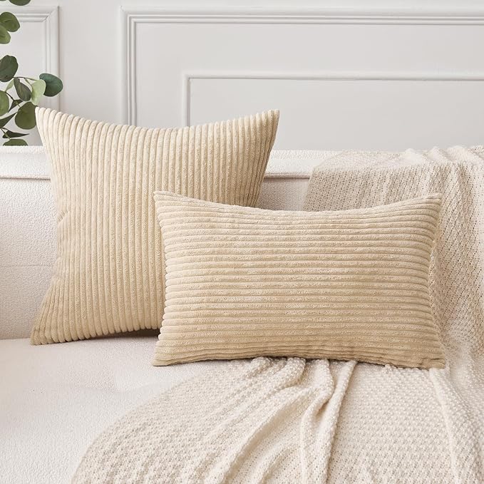 MIULEE Lumbar Soft Corduroy Throw Pillow Covers Set of 2 12x20 Beige | Decorative Striped Textured Cushion Cases, Boho Pillowcases Neutral Home Decor, for Couch Chair Sofa Bed Living Room