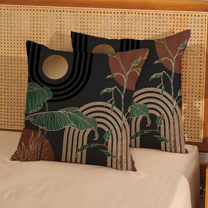 Boho Grey Rust Brown Pillow Covers 18x18 Set of 2 Gold Green Leaf Tropical Mid Century Throw Pillows Outdoor Bohemian Modern Decorative Pillowcase Farmhouse Cushion Case for Couch Sofa Decor