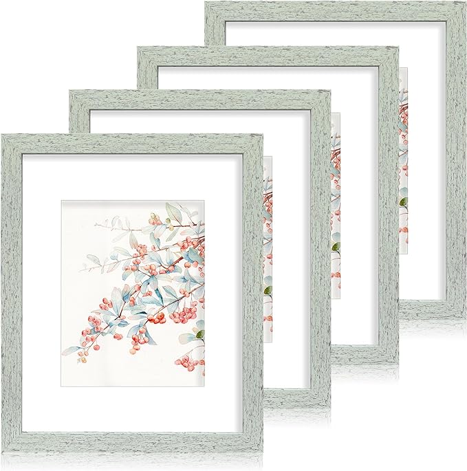 Hongkee 11x14 Picture Frame Set of 4, Made of Real Glass and Sage Green Wooden Frame, Display 8x10 Pictures with Mat or 11 x 14 Posters without Mat for Wall Mounting, Gallery Photo Frames